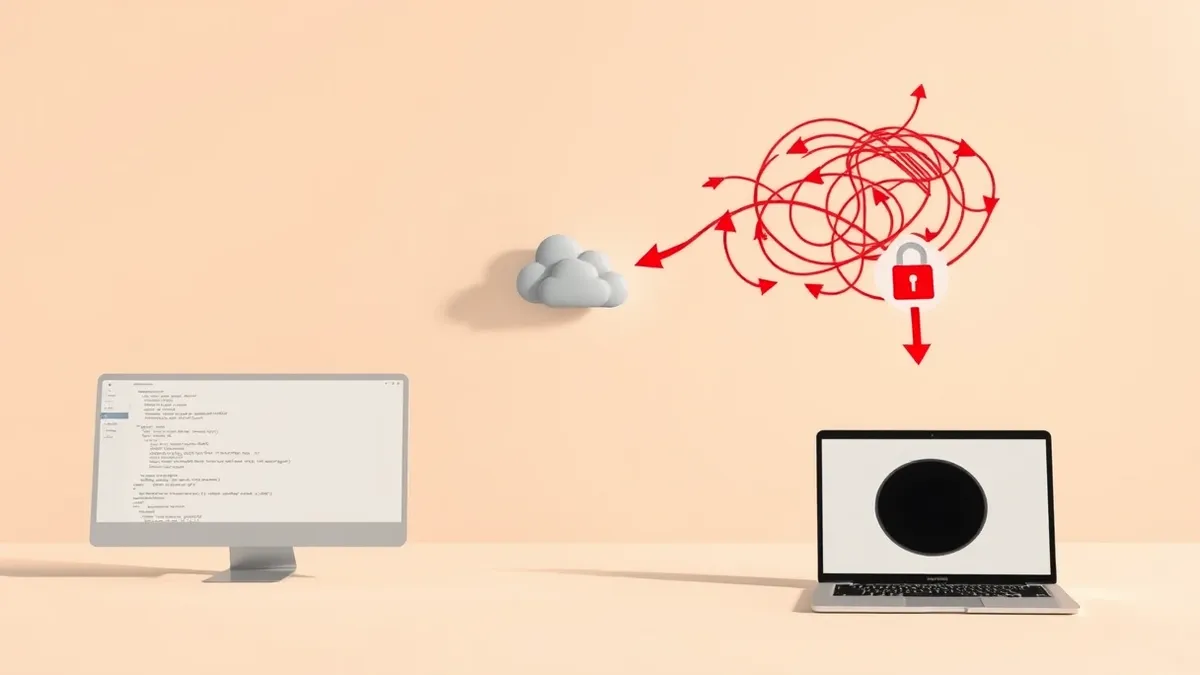 Illustration: A Python script editor displays blank code lines next to a tangled web of red arrows that loop away from a secure cloud icon and toward a dark, shadowy void, illustra