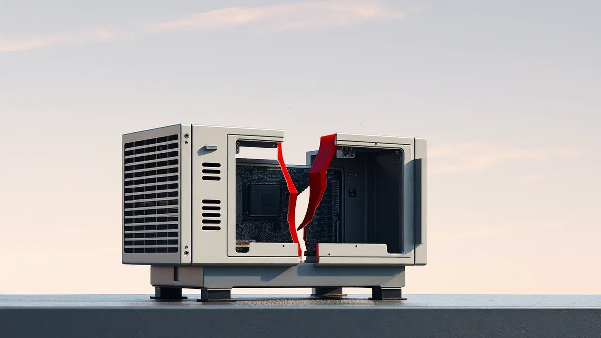 Illustration: A compact industrial edge gateway sits on a metal workbench, its ventilation grilles facing outward.