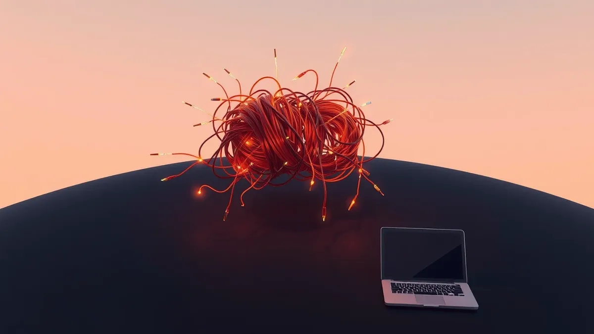 Illustration: A tangled knot of glowing orange electrical wires floats above a dark, smooth surface, sparking with visible arcs of energy.