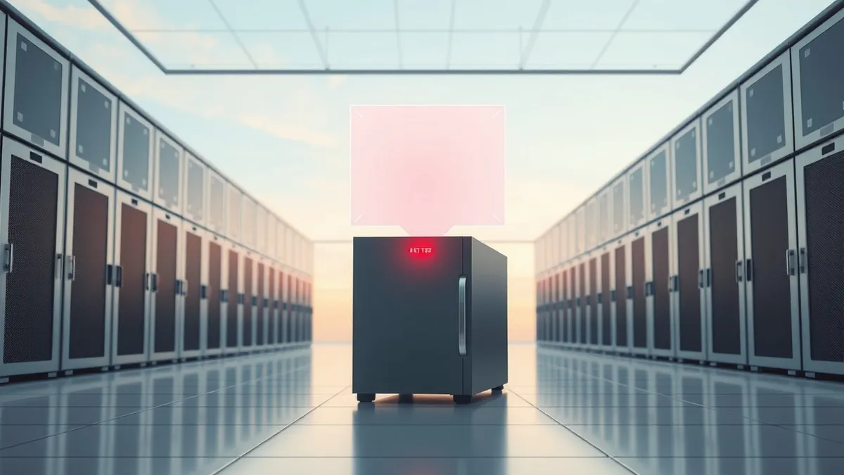 Illustration: A solitary network security appliance sits on a sterile server room floor, its metal casing intact but its single status light glowing an ominous red.