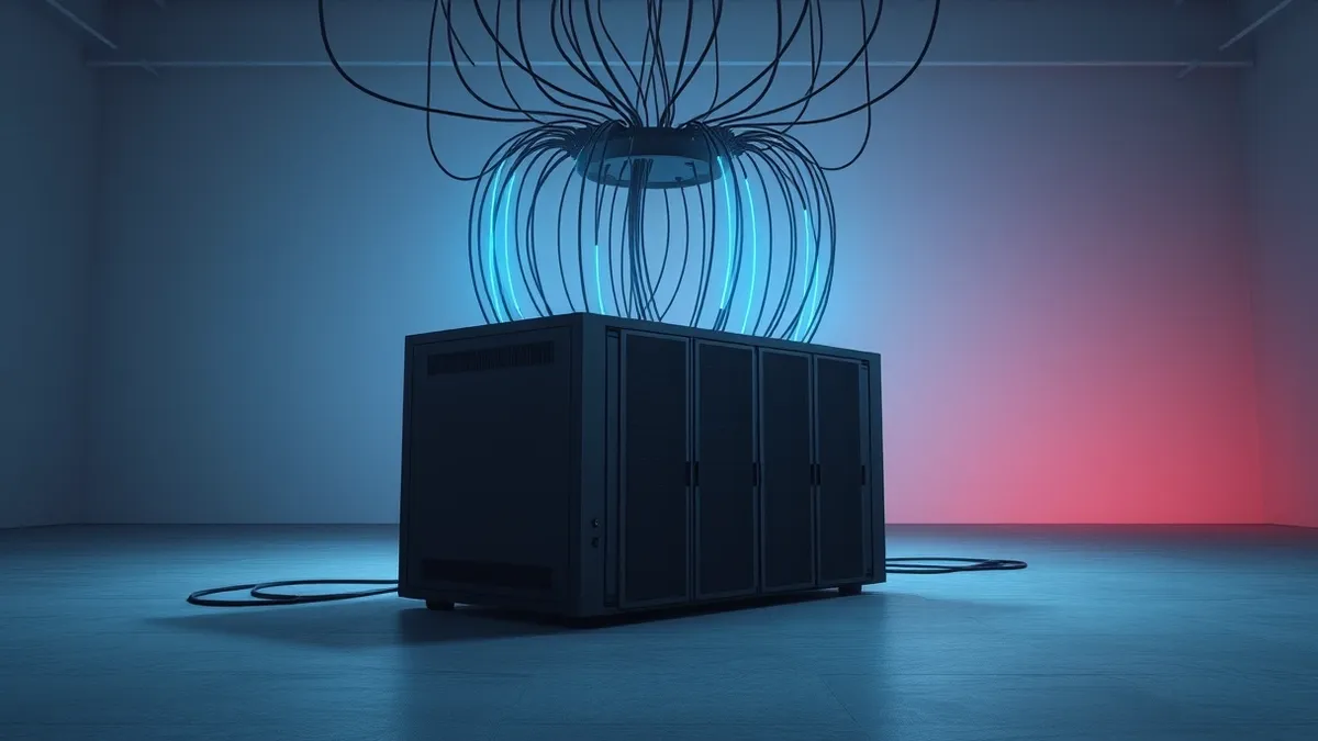 Illustration: A sleek black server node sits on a concrete floor, connected by thick cables to a central hub.