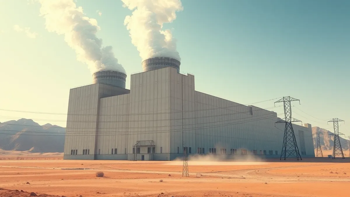 Illustration: A massive concrete building stands in a dry desert landscape with large industrial cooling towers releasing thick white vapor into the blue sky.