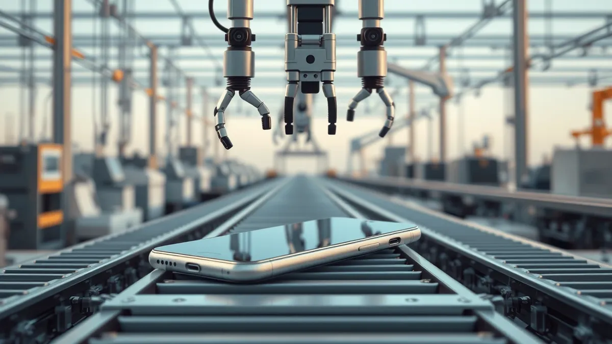 Illustration: A sleek silver smartphone rests on a cluttered factory assembly line.