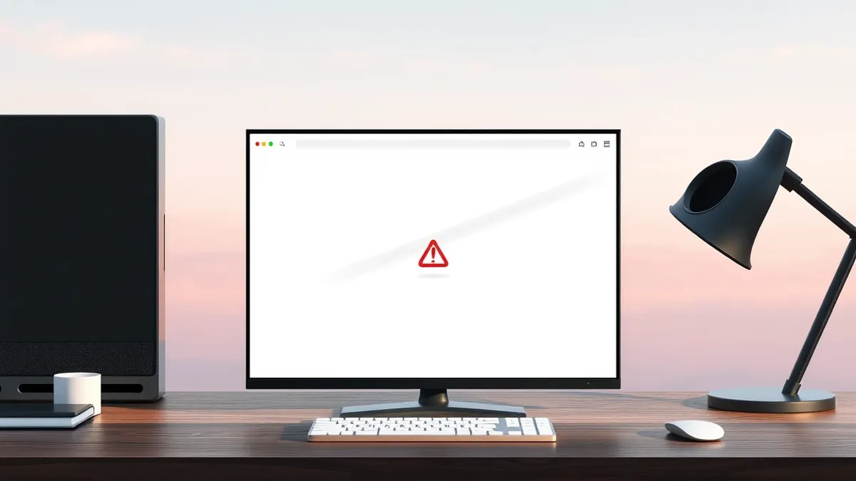 Illustration: A blank web browser window sits on a wooden desk, displaying only abstract geometric shapes that suggest a broken interface.