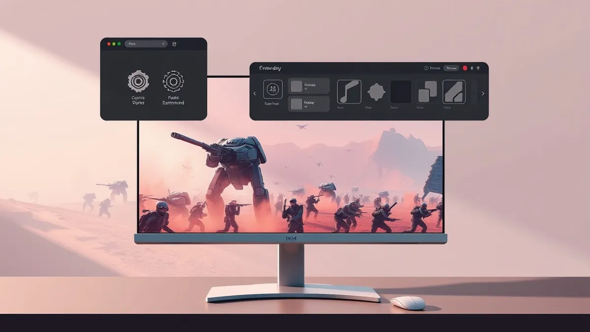 Illustration: A sleek desktop monitor displays a vibrant sci-fi battlefield with dozens of armored soldiers engaged in combat.