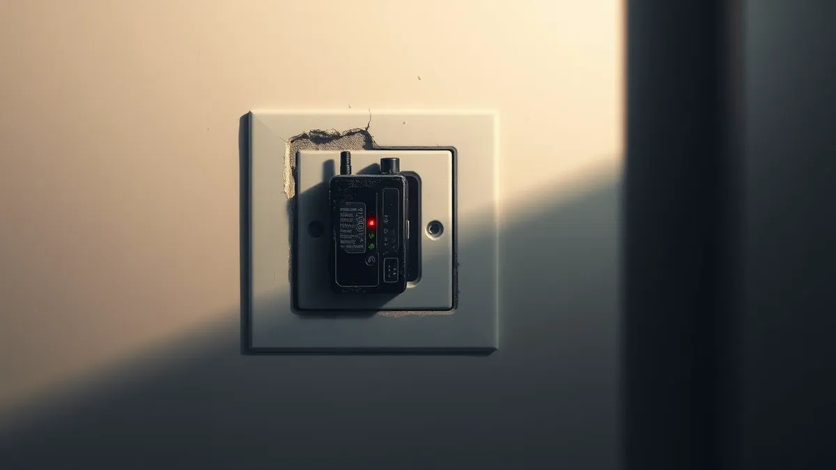 Illustration: A small black audio recorder hides inside a cracked wall socket in a dimly lit room.