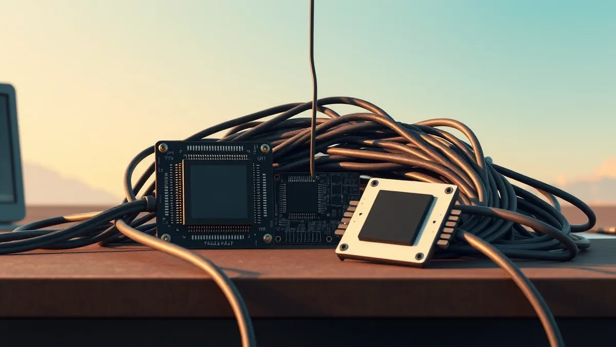Illustration: Two sleek microchips rest on a workbench beside a tangled bundle of thick power cables.