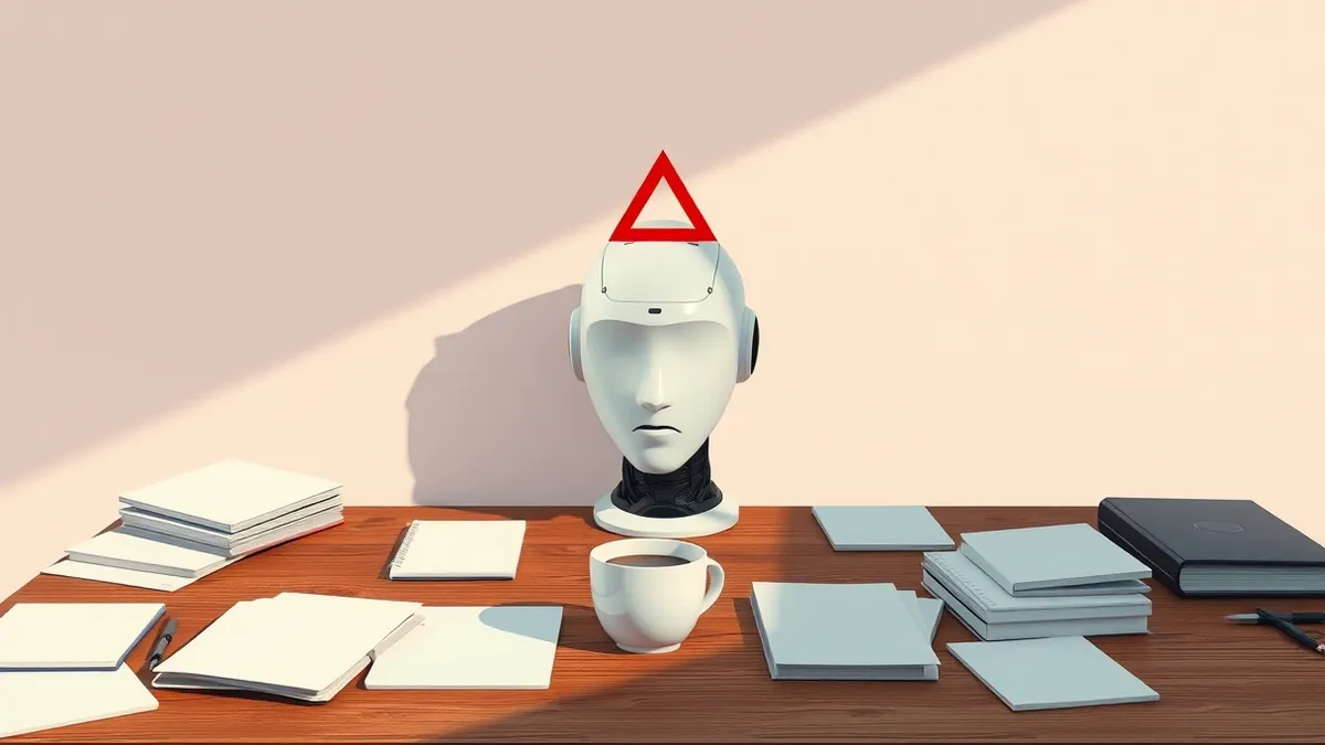 Illustration: A sleek white robot head sits alone on a cluttered wooden desk, surrounded by scattered blank notebooks and an empty coffee cup.