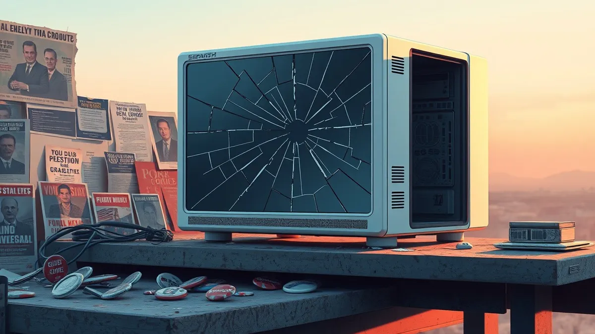 Illustration: A sleek white computer server sits on a dusty workbench, surrounded by scattered political campaign buttons and torn propaganda posters.