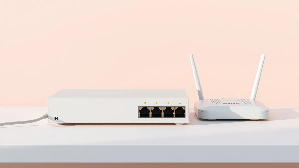 Illustration: A sleek white network switch sits on a clean desk beside a wireless access point.