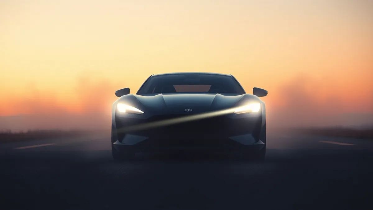 Illustration: A sleek modern car sits on a dark road, its bright LED headlights casting a sharp, focused beam forward.