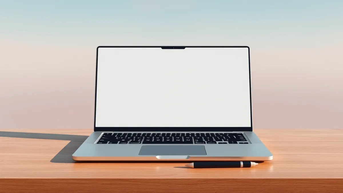 Illustration: A sleek silver laptop sits open on a wooden desk, its screen divided into two blank halves with subtle abstract geometric patterns.