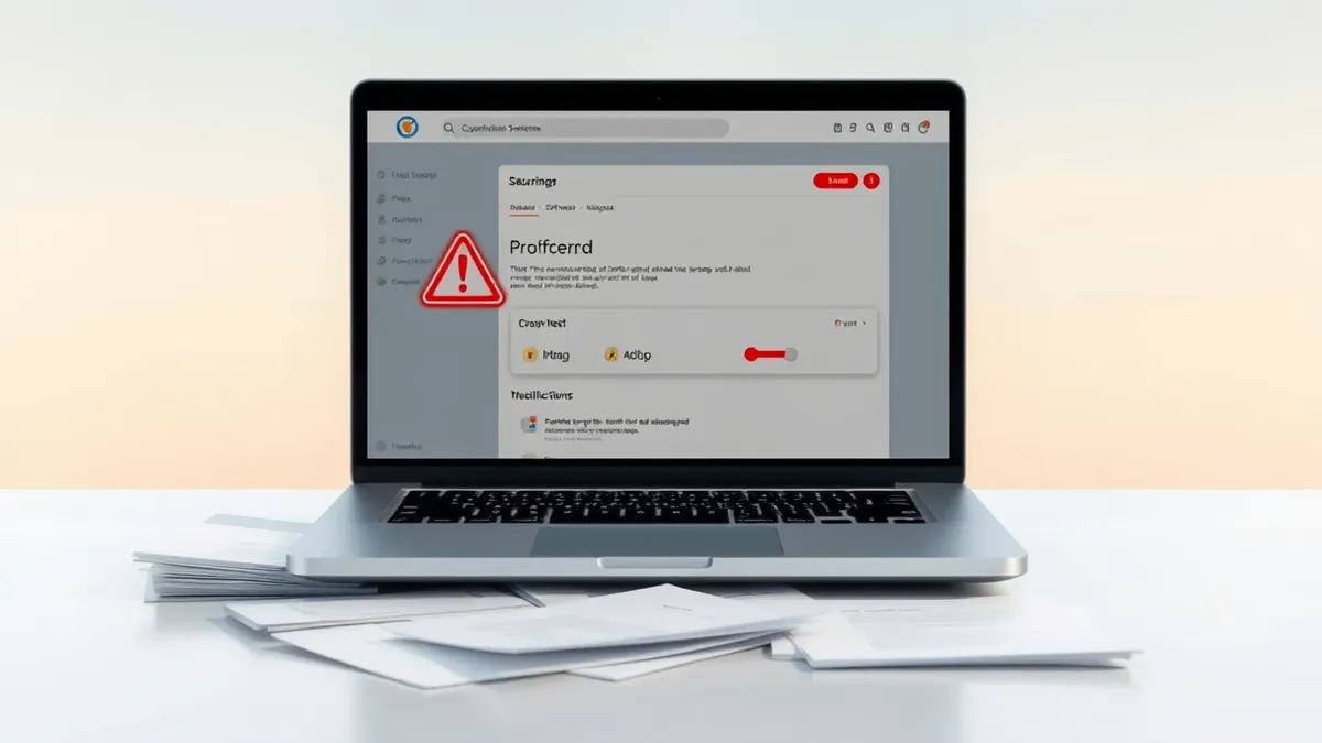 Illustration: A single open laptop sits on a clean desk, its screen displaying a blank dashboard interface with a prominent red warning badge in the corner.