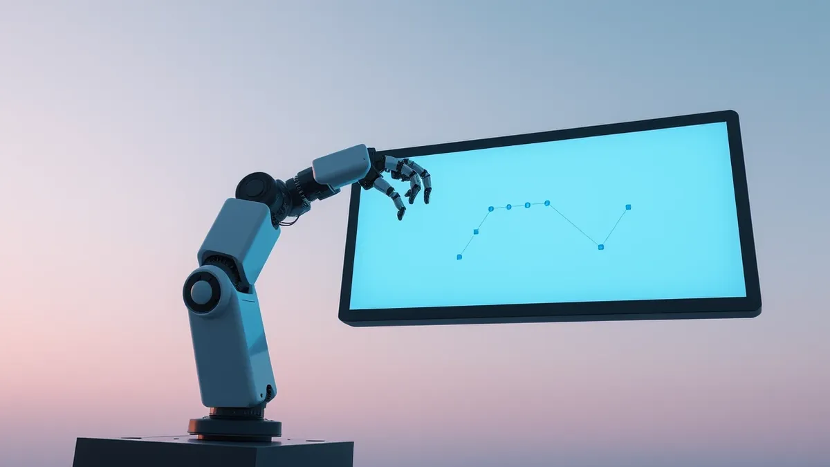 Illustration: A sleek autonomous robot arm extends from a dark chassis, its mechanical fingers hovering over a blank, glowing interface panel.