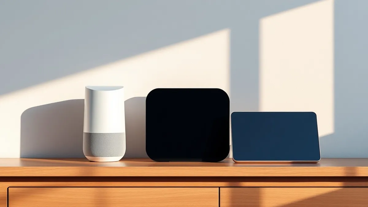 Illustration: A sleek white smart speaker sits beside a glossy black streaming box on a minimalist wooden shelf.