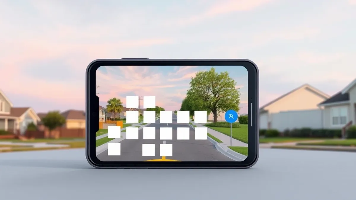 Illustration: A smartphone displays a digital map of a residential street with a grid of blank white squares marking camera positions on sidewalks and driveways, illustrating the n