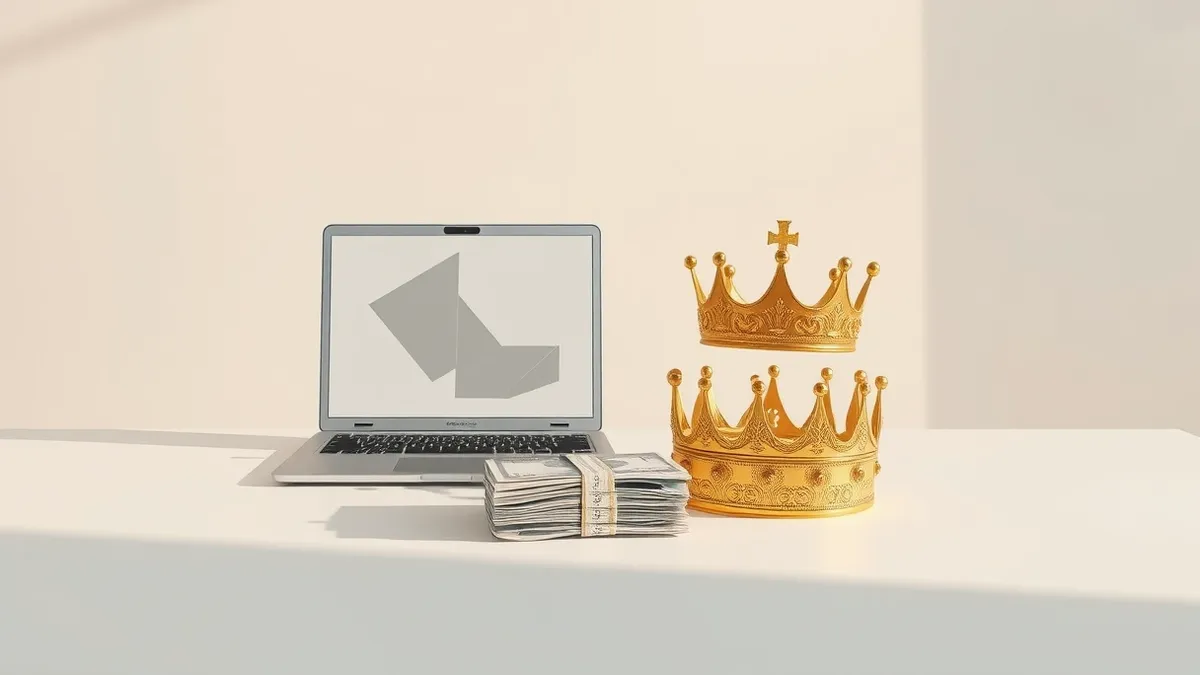 Illustration: A sleek silver laptop sits open on a white desk, its screen displaying only abstract geometric shapes.