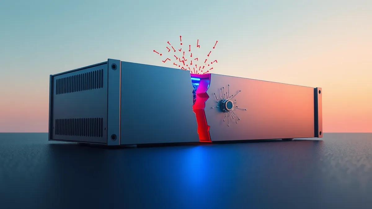 Illustration: A sleek server blade rests on a dark surface, its metal chassis reflecting cool blue light.