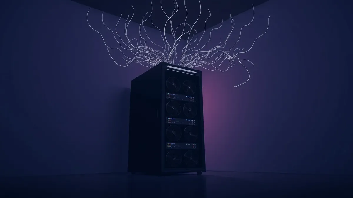 Illustration: A dark server rack stands in a dim corner, its ventilation fans spinning silently while faint, ghostly lines of abstract poetry float upward from the blinking LED lig
