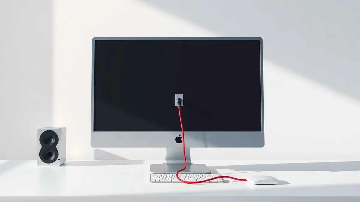 Illustration: A blank, silver desktop computer monitor sits on a clean white desk.