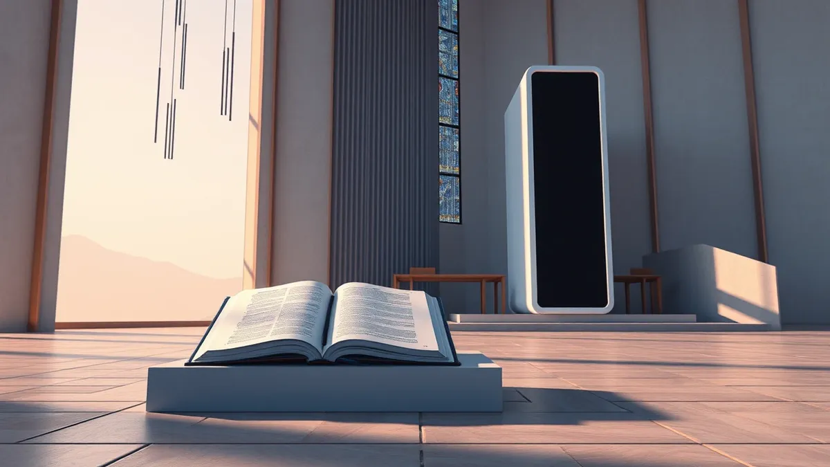 Illustration: A modern church altar holds an open bible resting beside a sleek, minimalist artificial intelligence server tower.