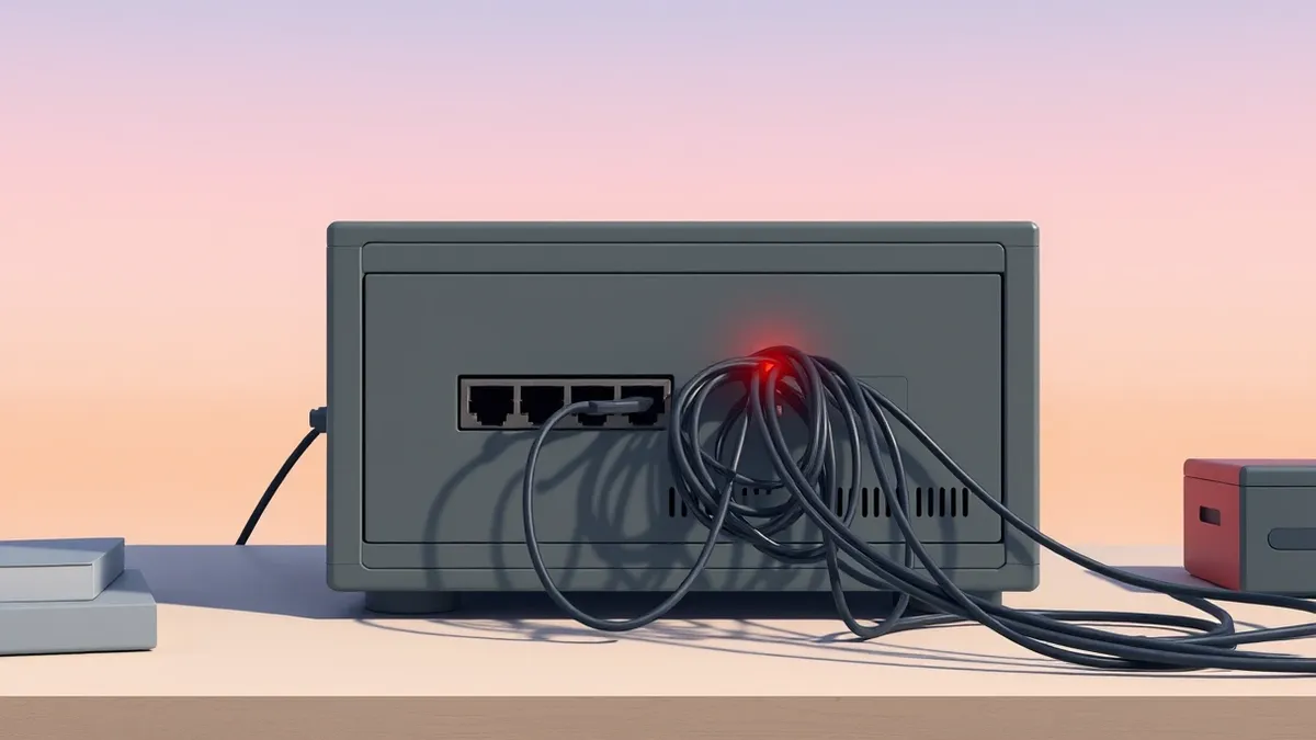 Illustration: A gray network firewall box sits on a desk, its front panel showing a single steady red warning light.