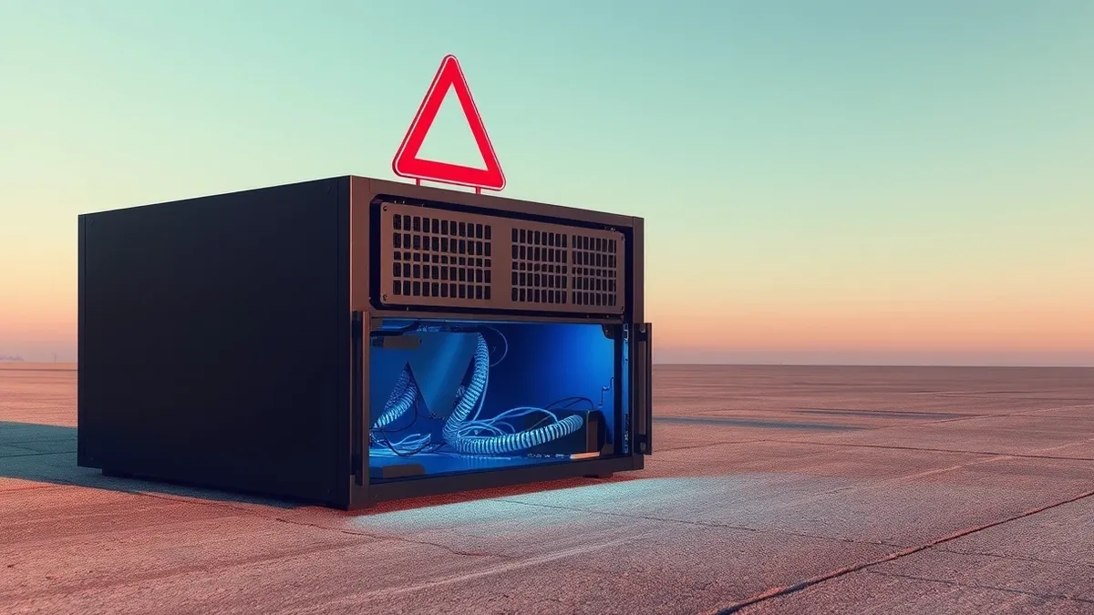 Illustration: A sleek black server box sits on a dusty concrete floor.
