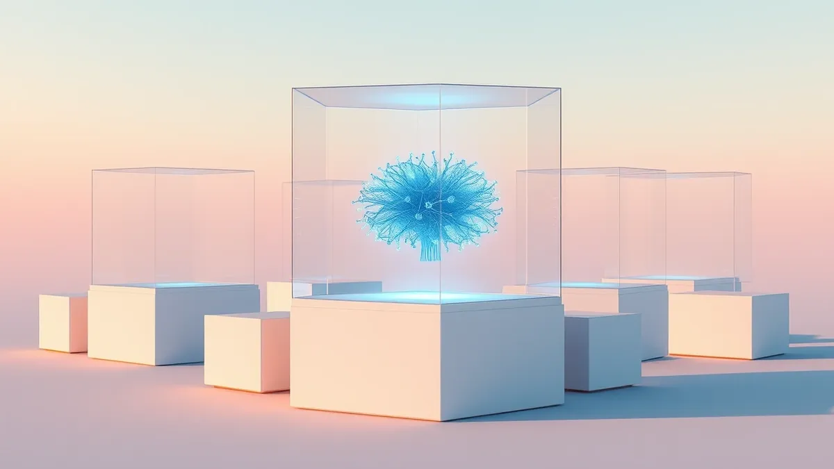 Illustration: A translucent protective shell encases a glowing neural network structure floating inside a minimalist container box.