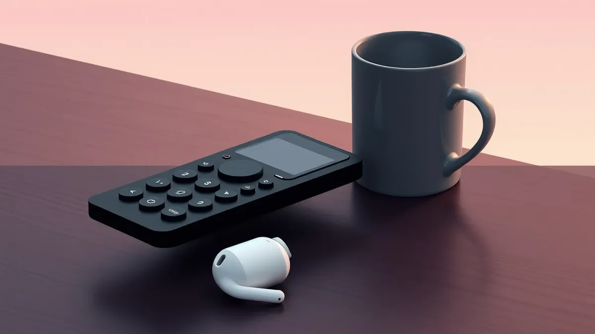 Illustration: A sleek black remote control rests on a dark wooden table beside a ceramic coffee mug.