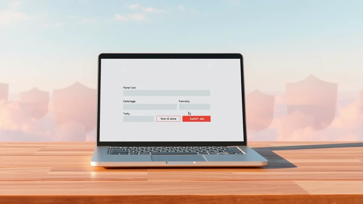 Illustration: A sleek laptop sits on a wooden table, its screen displaying a generic travel booking interface with blank fields.