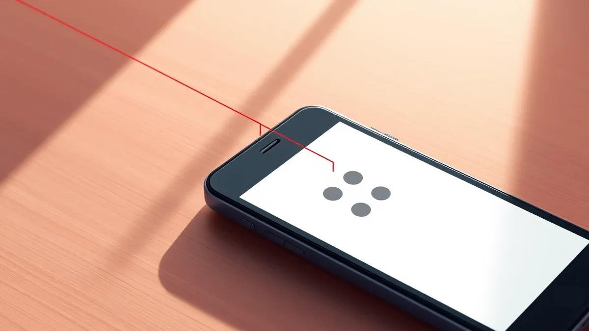 Illustration: A black smartphone rests on a wooden table, its screen displaying a blank white interface with three gray dots representing a PIN entry.