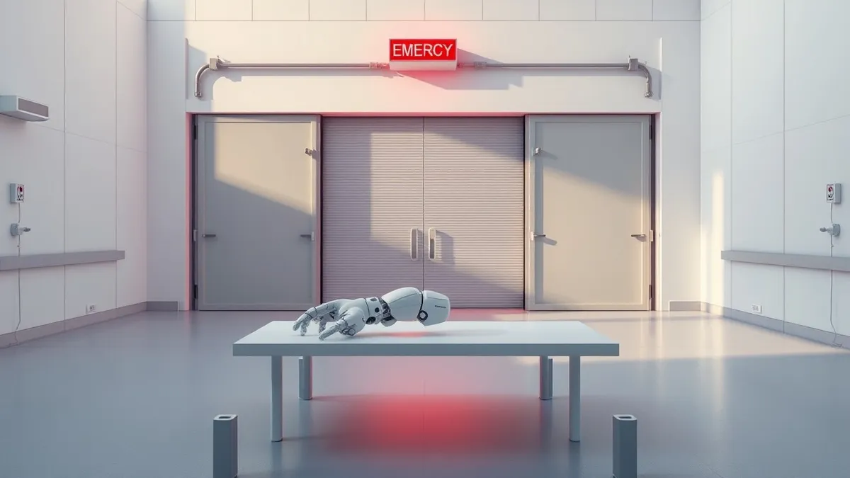 Illustration: A sleek, white autonomous robot arm rests motionless on a sterile laboratory table.