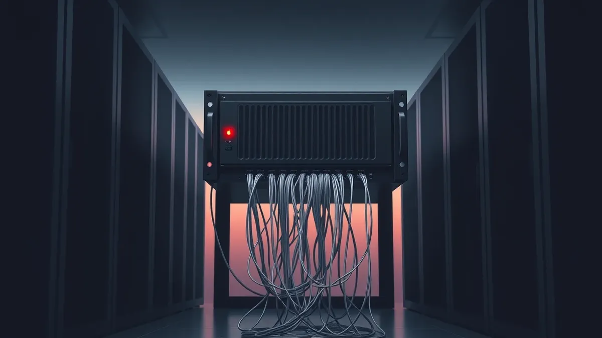 Illustration: A black rack-mounted firewall sits in a dim server room, its front panel dominated by a single solid red status light.