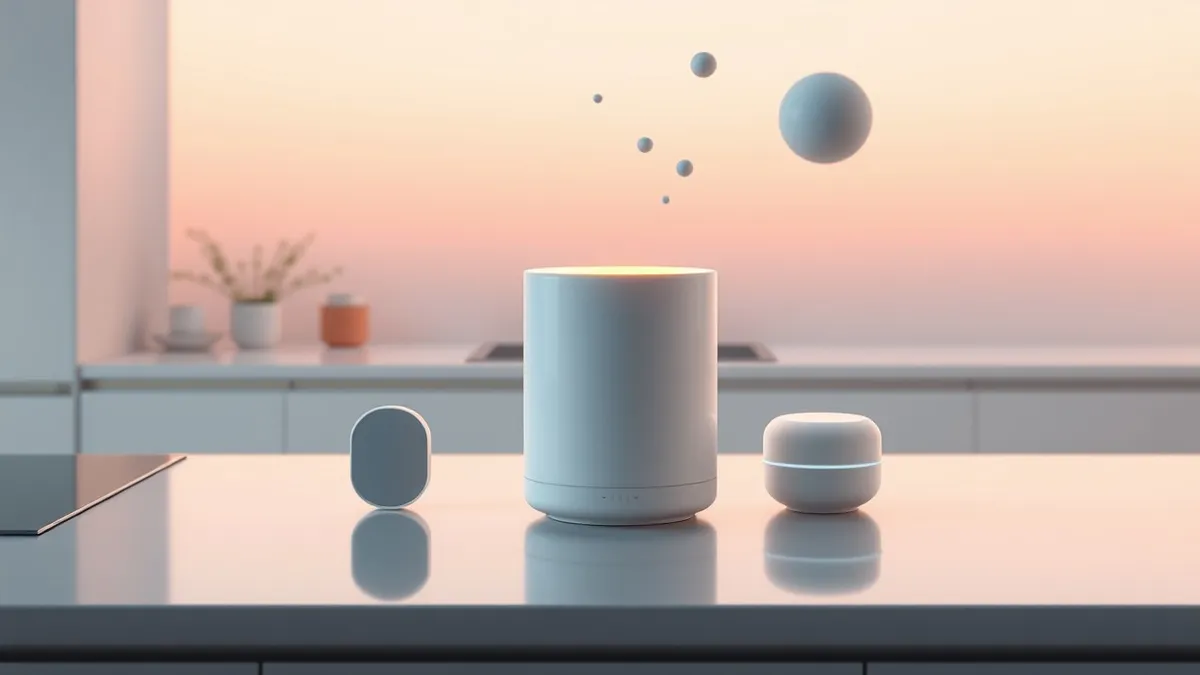Illustration: A sleek white cylindrical smart home hub sits on a modern kitchen countertop beside a few generic wireless sensors.