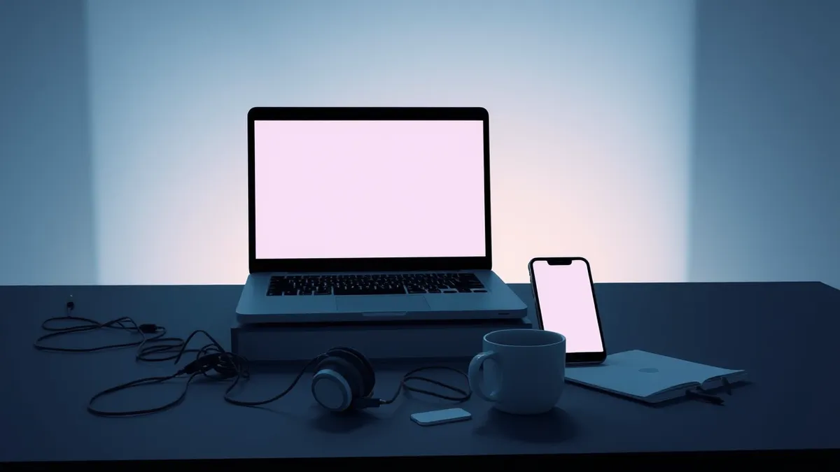 Illustration: A dimly lit room features a single desk with a laptop displaying a blank video call interface.