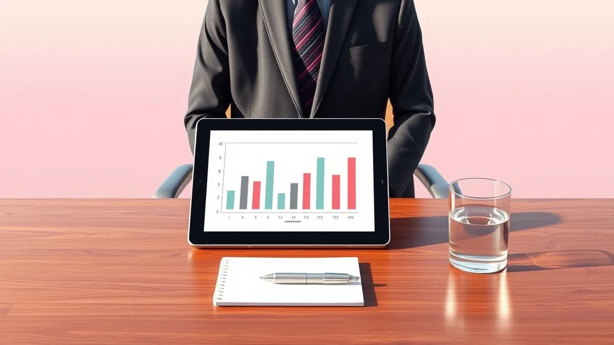 Illustration: A polished wooden desk holds a sleek tablet displaying abstract bar graphs.
