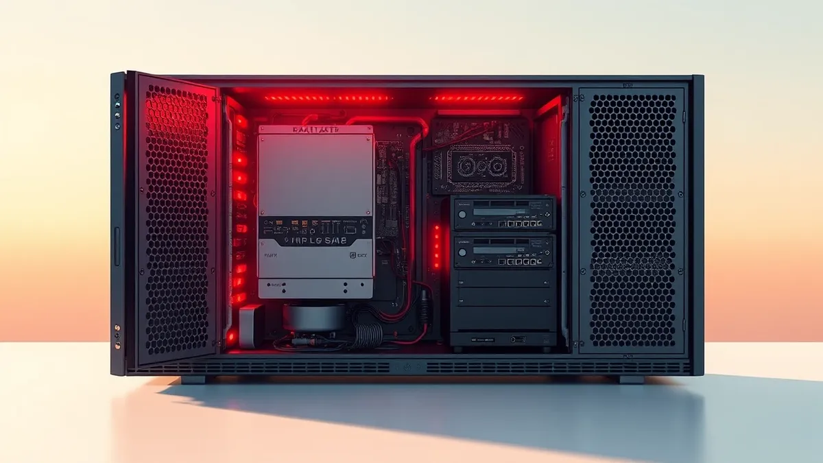 Illustration: A sleek database server sits on a clean desk, its front panel exposed to reveal open circuitry and unshielded data ports.