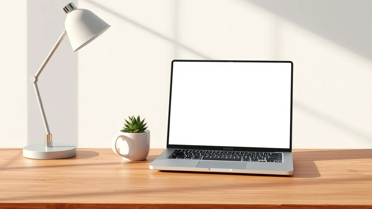 Illustration: A wooden desk holds a white ceramic mug and a small potted succulent.