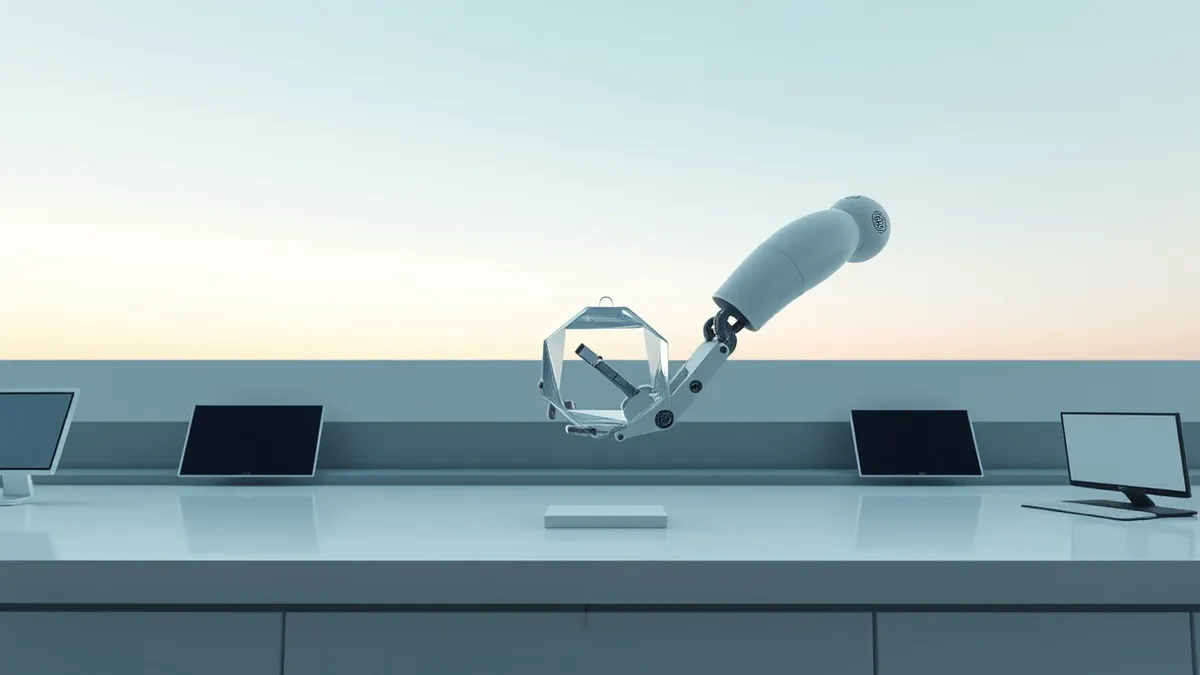 Illustration: A sleek white robotic arm manipulates a translucent geometric object on a clean laboratory bench.
