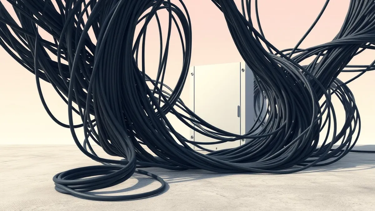 Illustration: A tangled mass of thick black fiber optic cables lies coiled on a concrete floor, connecting to a single white patch panel.