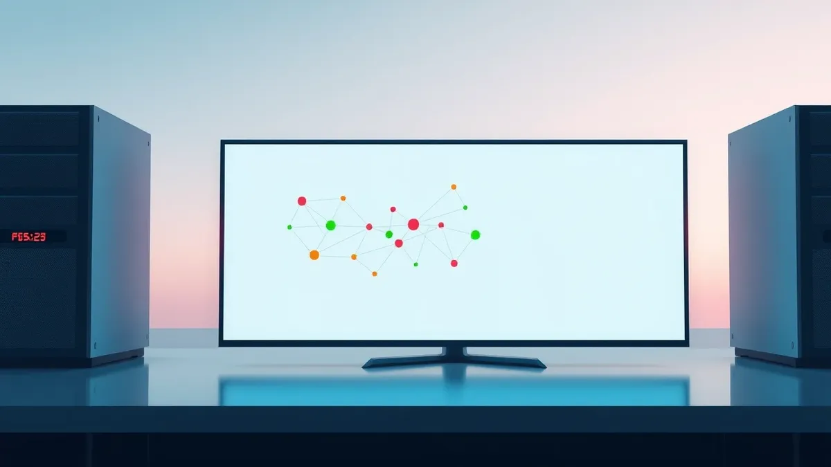Illustration: A sleek, minimalist server console displays a complex network graph with pulsing red and green nodes.