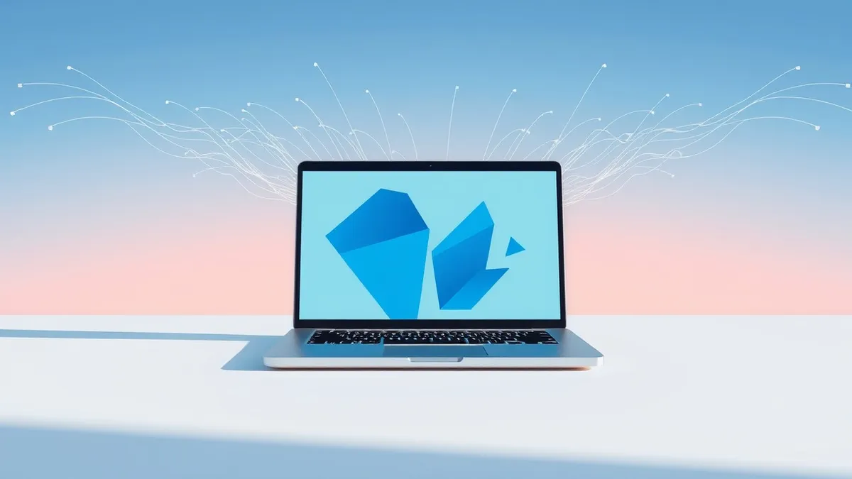 Illustration: A sleek silver laptop sits open on a clean white desk with a blank screen displaying abstract blue geometric shapes.