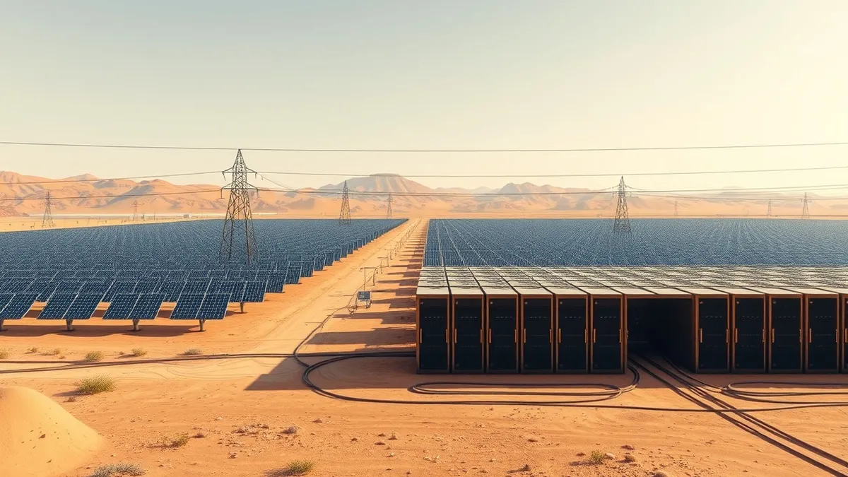 Illustration: A vast solar farm stretches across arid land under a bright sky.