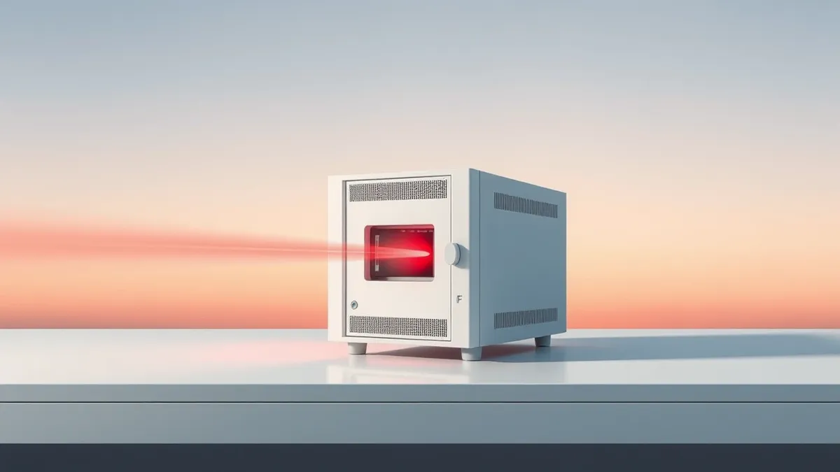 Illustration: A generic white web server sits isolated on a sterile desk, its single access port exposed and unguarded.