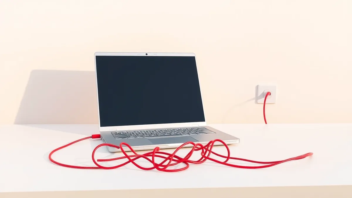 Illustration: A silver clamshell laptop sits closed on a clean white desk.