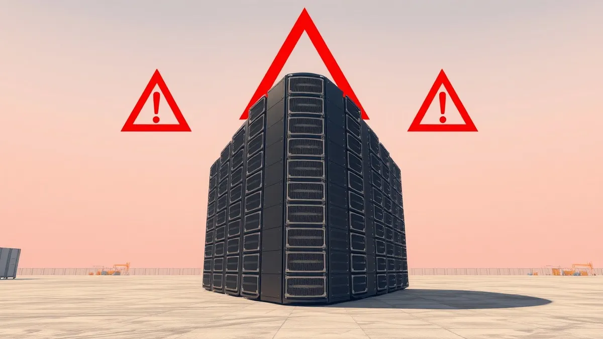 Illustration: A towering stack of heavy industrial server blades sits on a concrete factory floor.