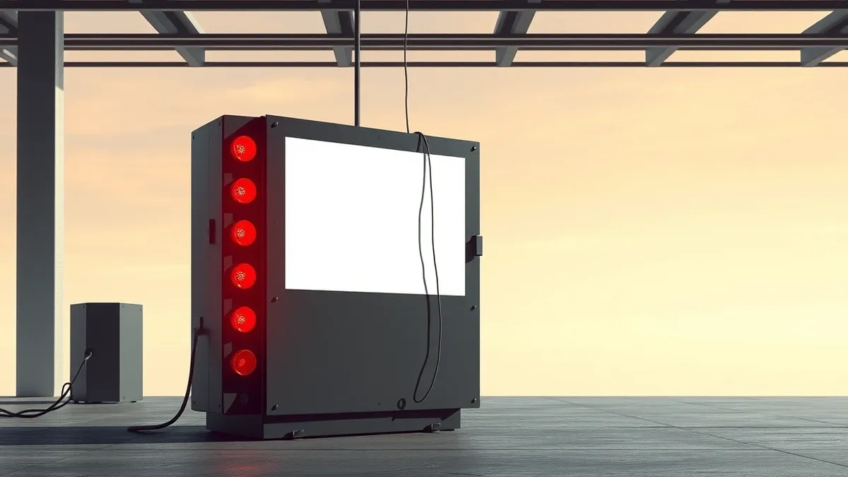 Illustration: A black industrial control panel sits on a concrete floor.