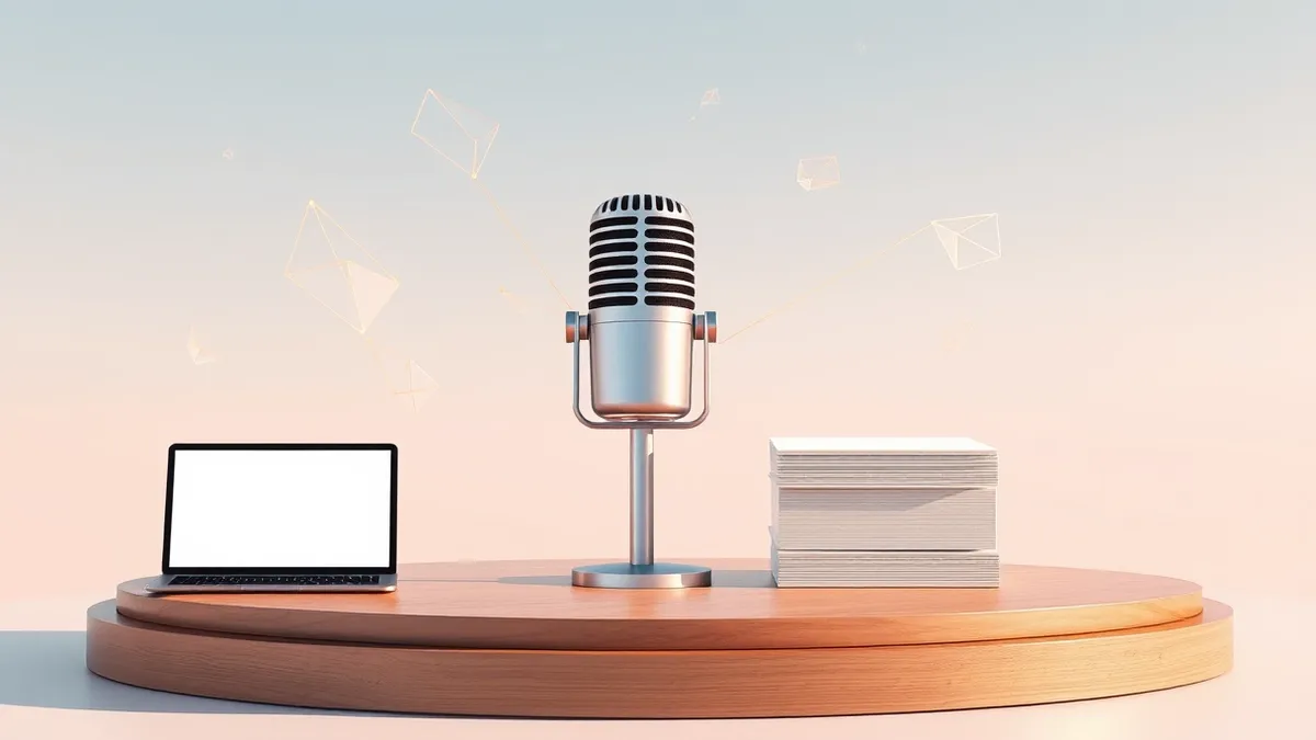 Illustration: A sleek silver microphone sits on a polished wooden podium, surrounded by floating translucent geometric shapes representing abstract ideas.