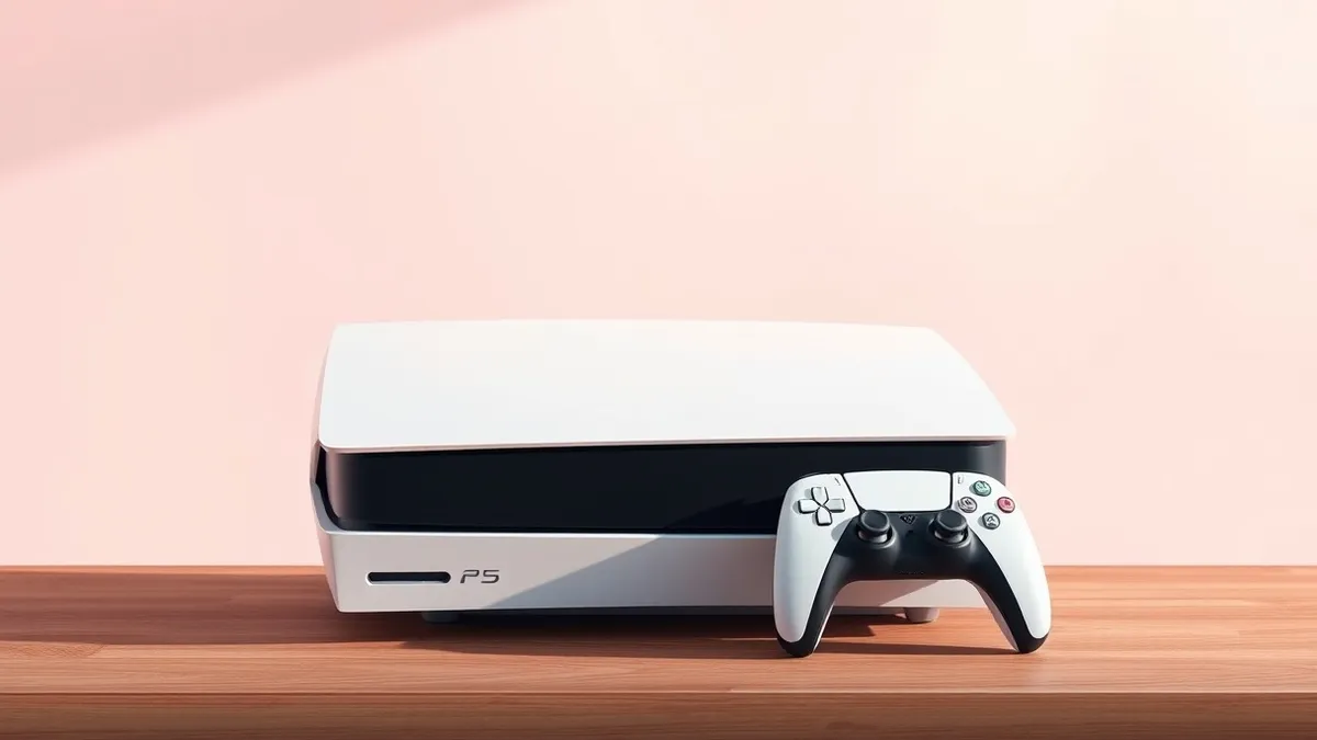 Illustration: A white PlayStation 5 console sits on a wooden surface.