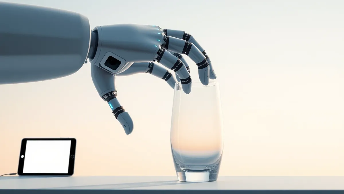 Illustration: A sleek metallic robot arm extends toward a fragile glass vase, its three-fingered gripper gently enveloping the curved surface.